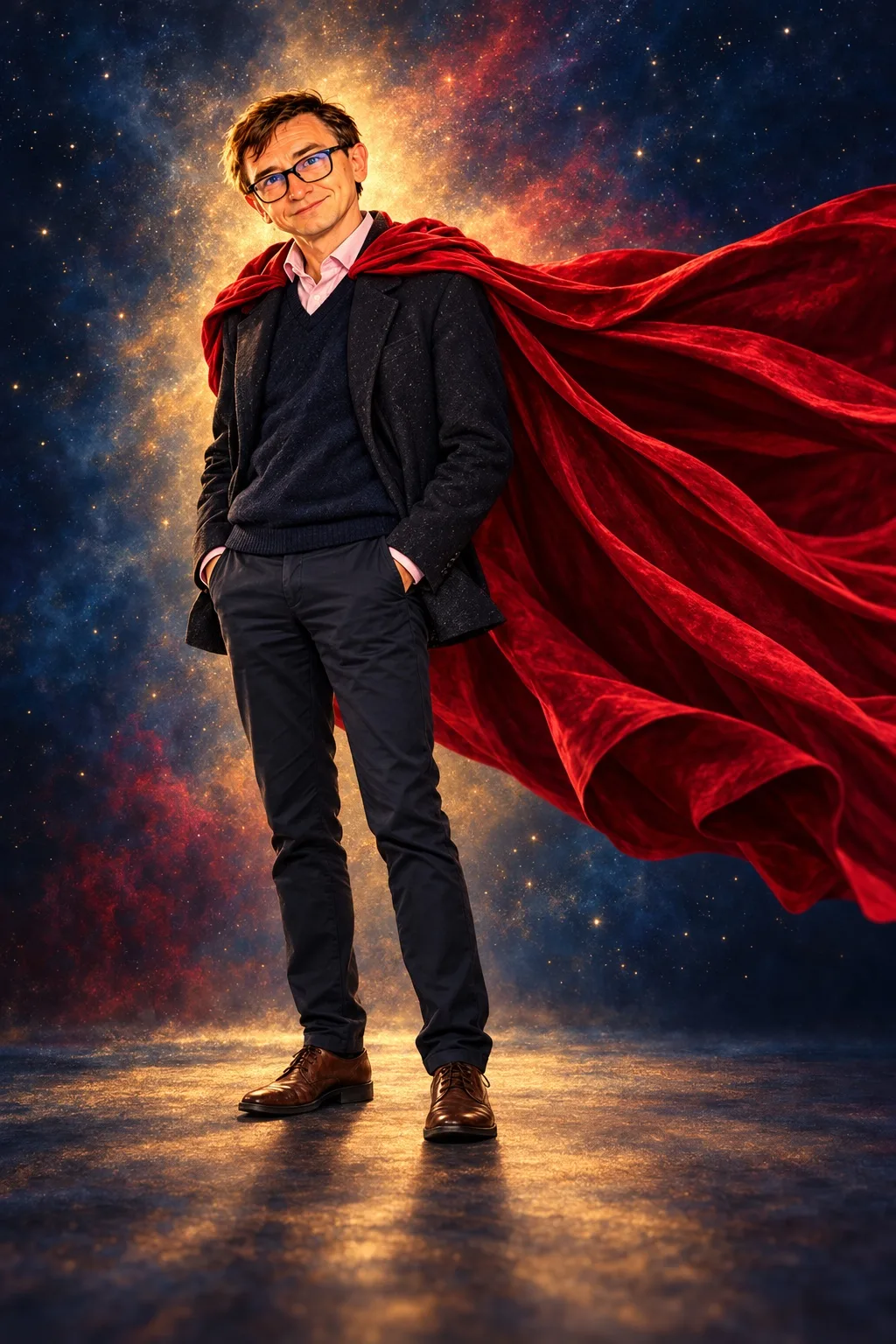 Illustrated Lorenzo in an absurd hero cape