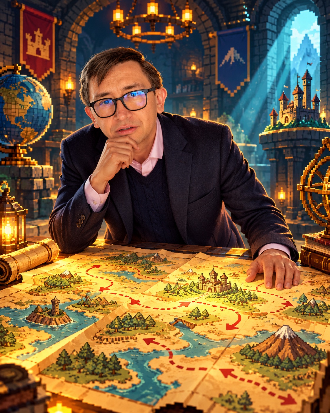 AI-generated pixel-art cutscene of Lorenzo studying an overcomplicated game map