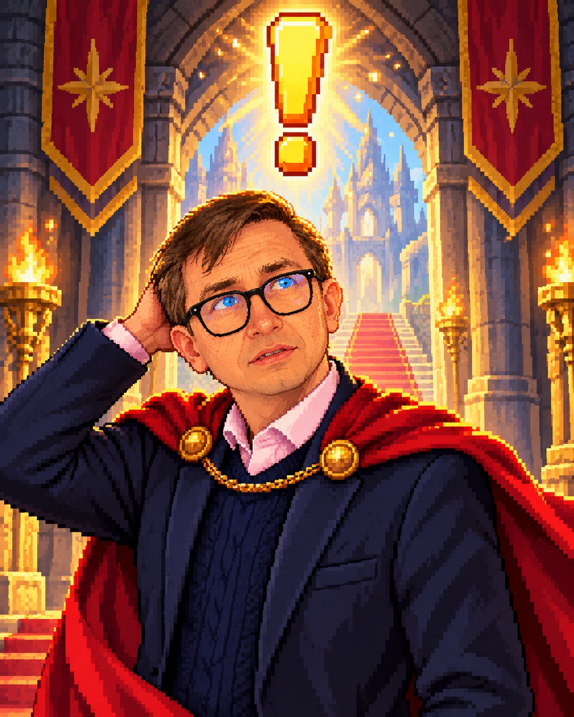 AI-generated pixel-art cutscene of Lorenzo facing an unexplained question mark